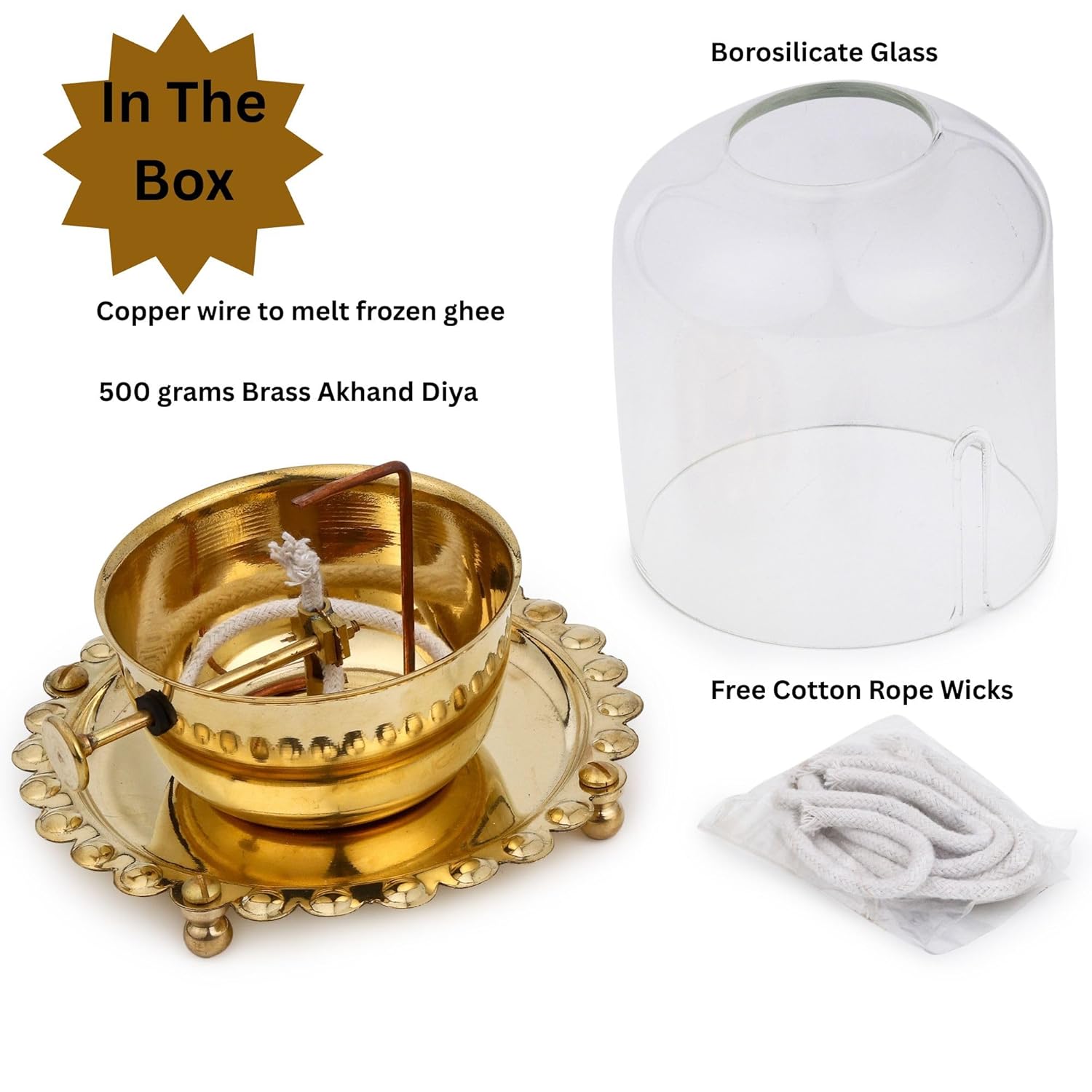 Akhand jyot Diya with Adjustable Bati for Pooja (5 inches), Large Size Brass Diyas with Wick Lifting Screw Lever & Borosilicate Glass Cover for Home Decoration , Puja & Gifting (250ml , 48 Hour)