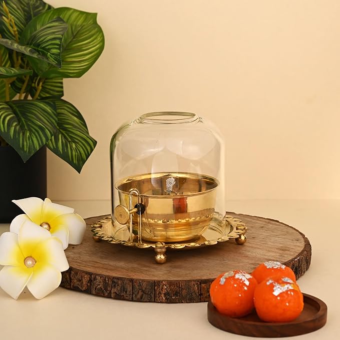Akhand jyot Diya with Adjustable Bati for Pooja (5 inches), Large Size Brass Diyas with Wick Lifting Screw Lever & Borosilicate Glass Cover for Home Decoration , Puja & Gifting (250ml , 48 Hour)