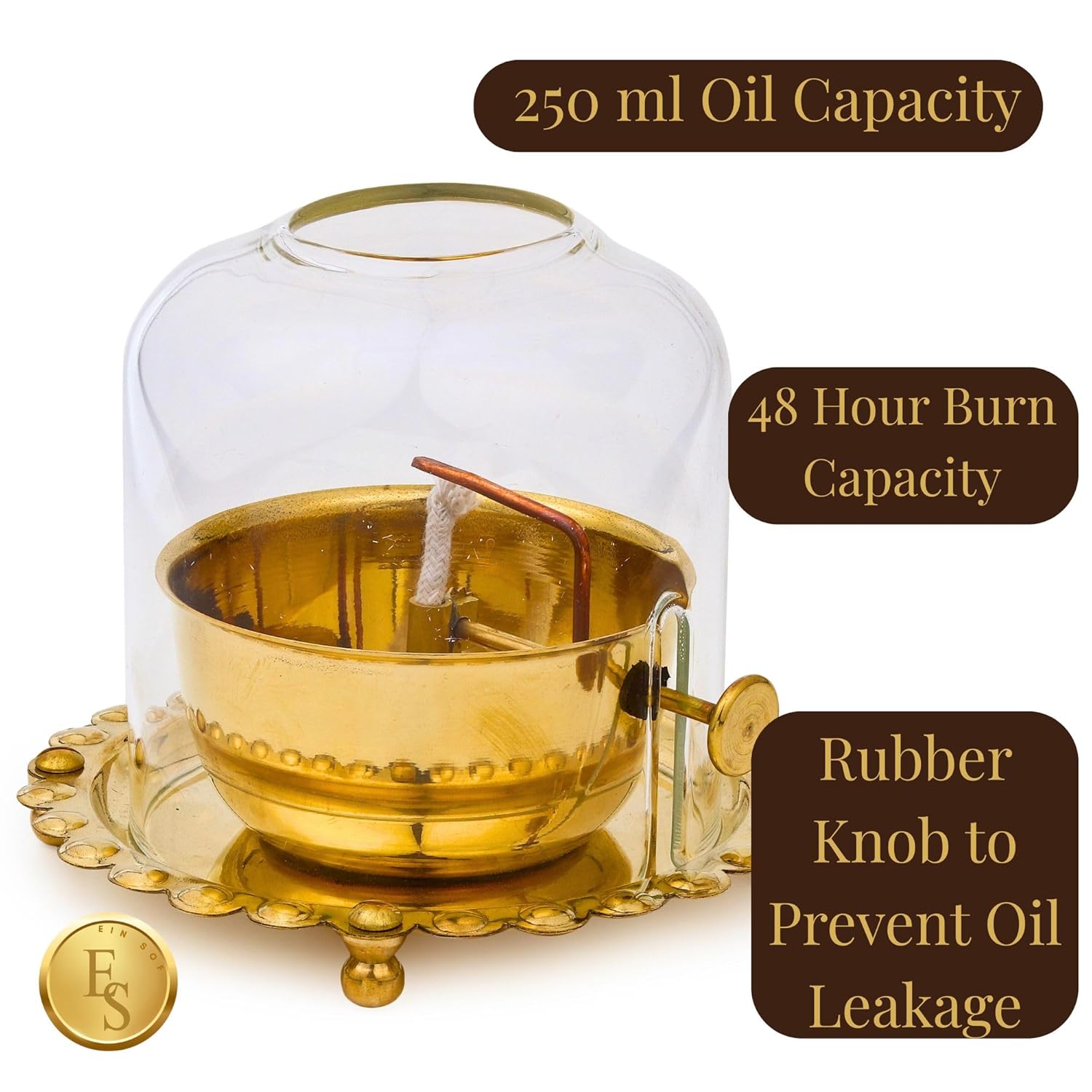Akhand jyot Diya with Adjustable Bati for Pooja (5 inches), Large Size Brass Diyas with Wick Lifting Screw Lever & Borosilicate Glass Cover for Home Decoration , Puja & Gifting (250ml , 48 Hour)
