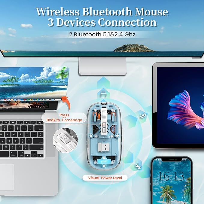 A.JAZZ Wireless Bluetooth5.1&2.4G Mini Lightweight Mouse,Transparent Clear Cool,Rechargeable Silent Computer Mice,Nano USB C Receiver,LED Battery Magic Silm for Office/PC/Mac/Laptop/Apple/ipad(Blue)