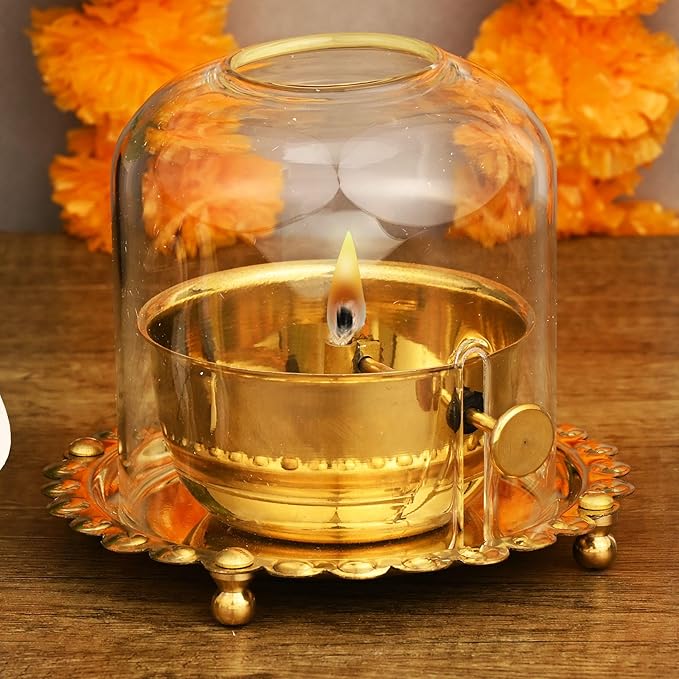 Akhand jyot Diya with Adjustable Bati for Pooja (5 inches), Large Size Brass Diyas with Wick Lifting Screw Lever & Borosilicate Glass Cover for Home Decoration , Puja & Gifting (250ml , 48 Hour)