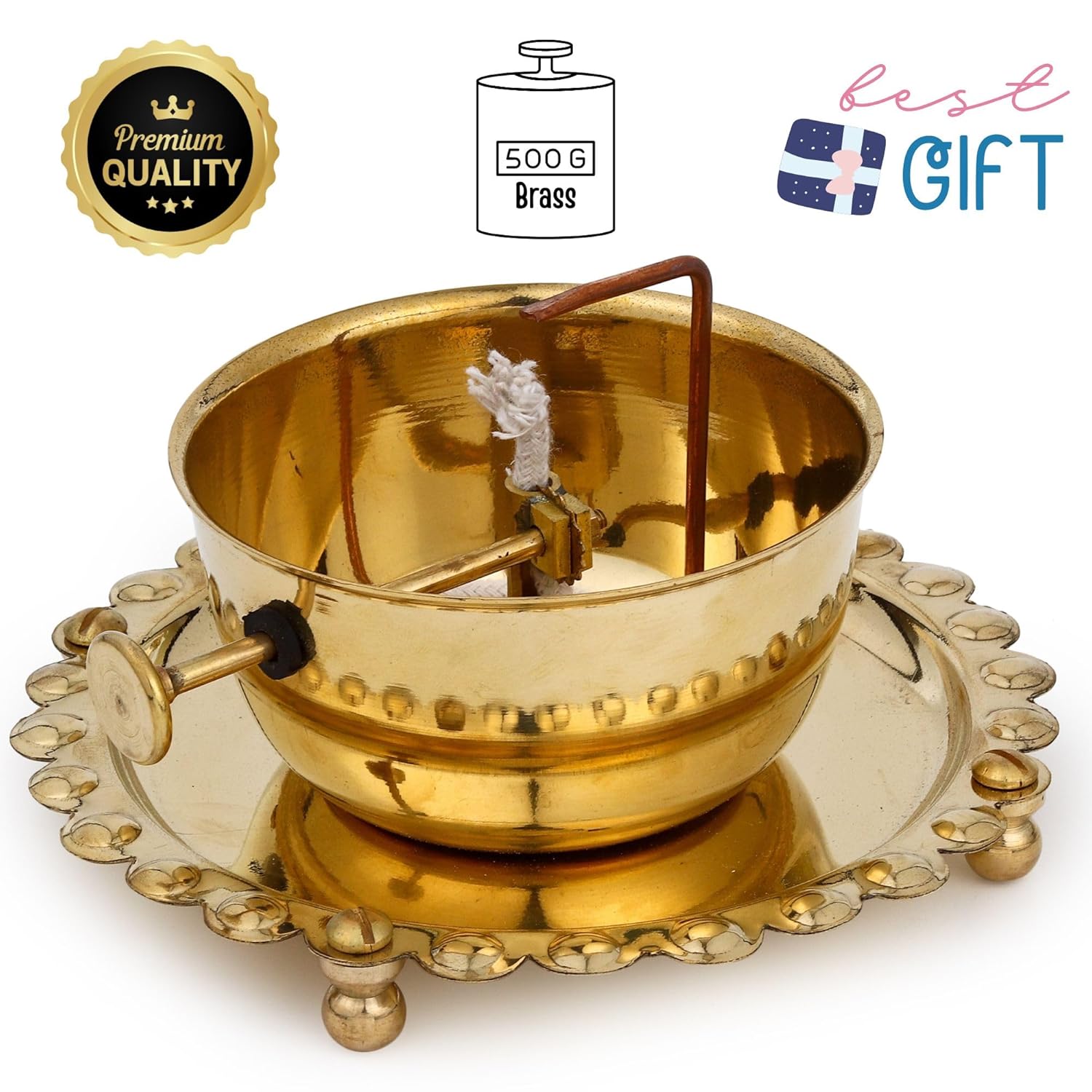 Akhand jyot Diya with Adjustable Bati for Pooja (5 inches), Large Size Brass Diyas with Wick Lifting Screw Lever & Borosilicate Glass Cover for Home Decoration , Puja & Gifting (250ml , 48 Hour)